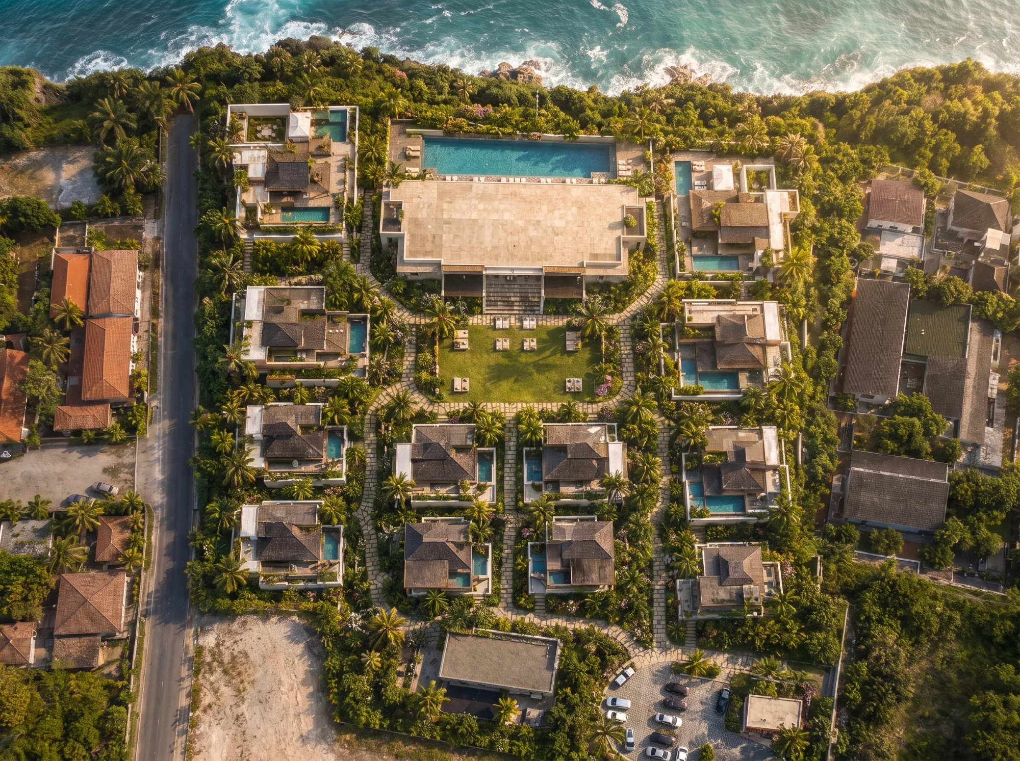 La Calma Living cliff-front wellness resort, aerial render above the Indian Ocean in Pecatu, Uluwatu