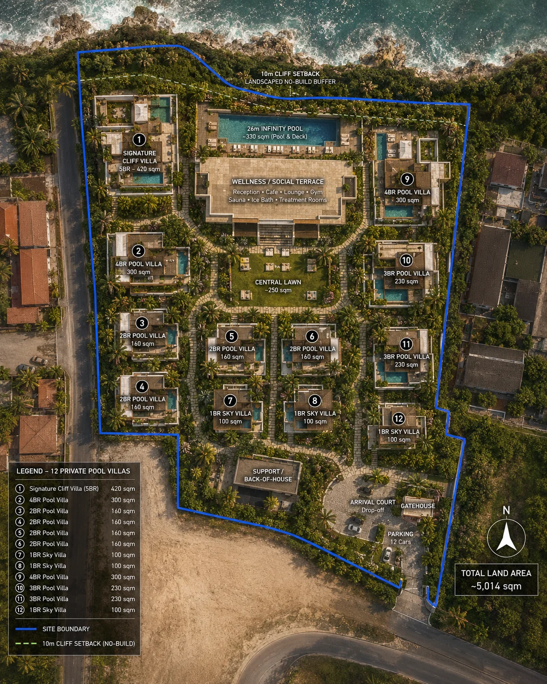 La Calma Living labelled masterplan: twelve private pool villas and a central wellness and social terrace on a cliff-front site in Pecatu, Uluwatu