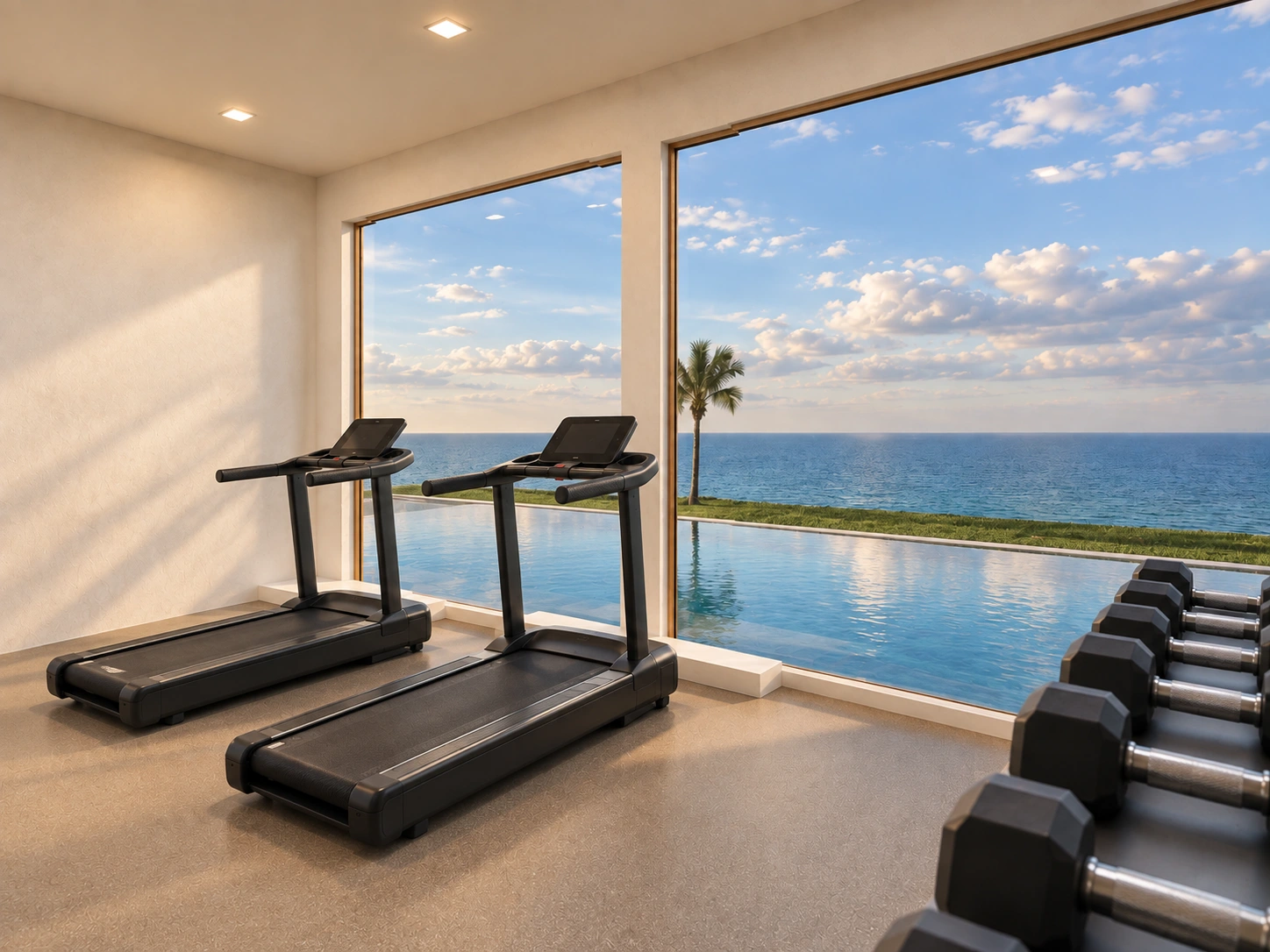 Proposed gym overlooking the pool and ocean, with north-facing treadmills.