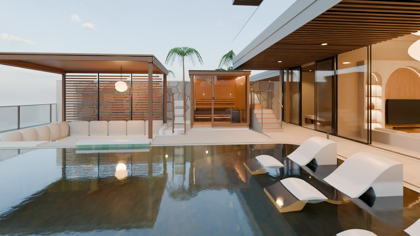 Pool deck of the proposed Segara Cliff villa, with sunken lounge and private sauna.